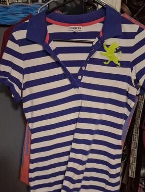 Express Girls' Blue & White Striped Polo with Neon Lime Crest